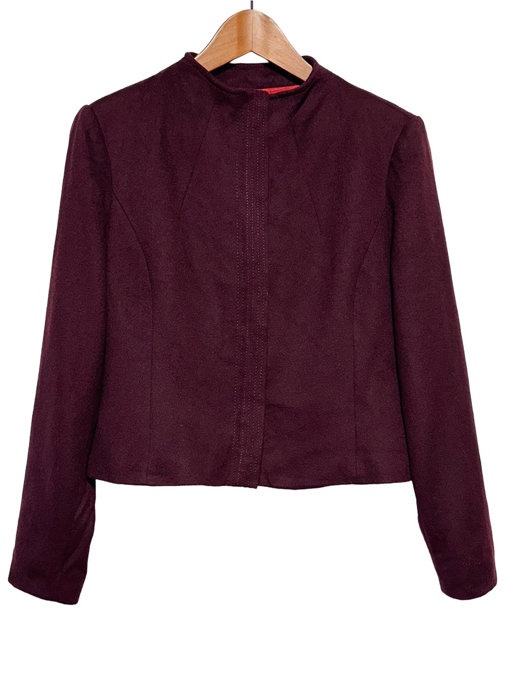 TARA JARMON Burgundy Wool Blend Felted Cropped Jacket Quiet Luxury 42